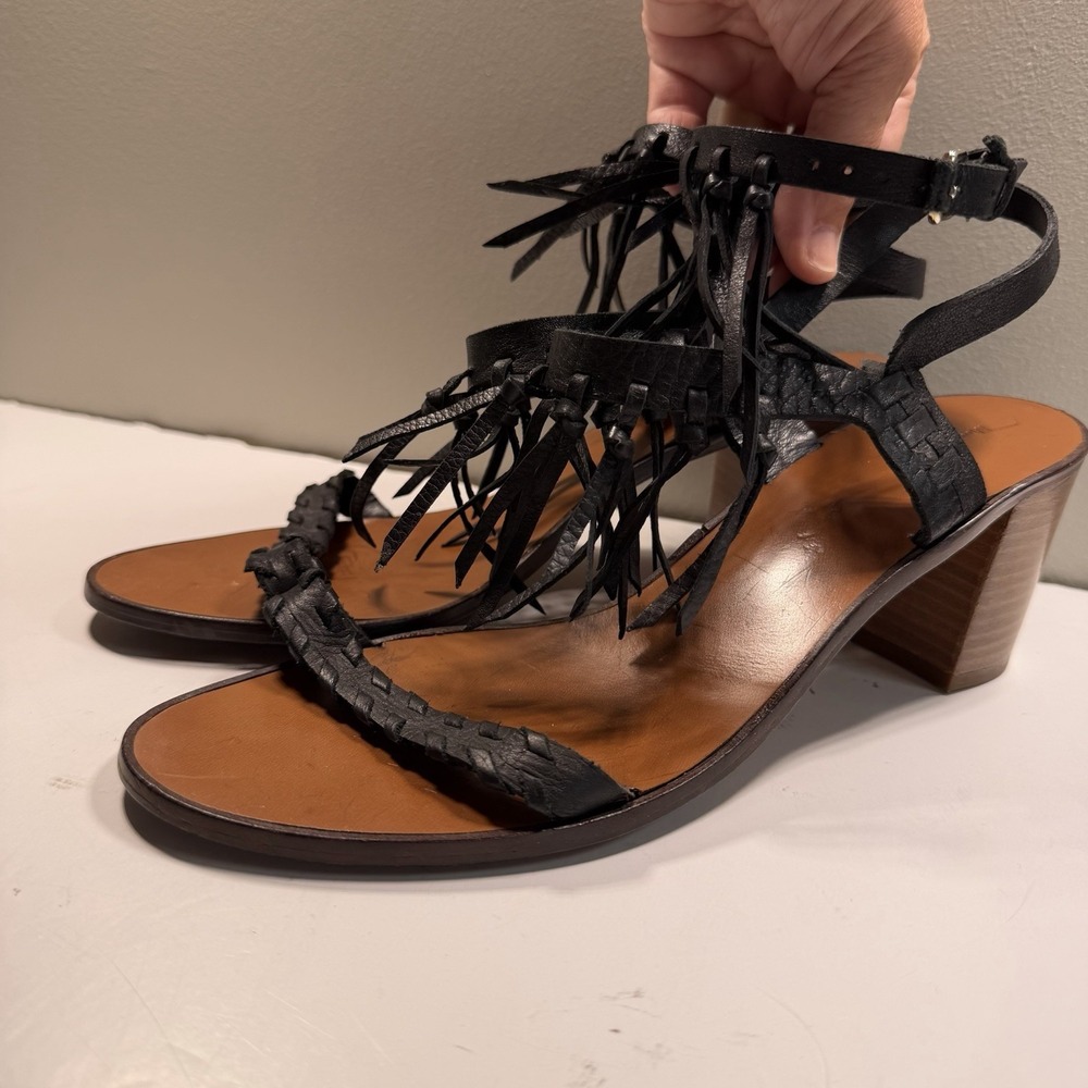 Massimo Dutti Women's Strappy Heel Sandal 41 Black Fringe Block Heel